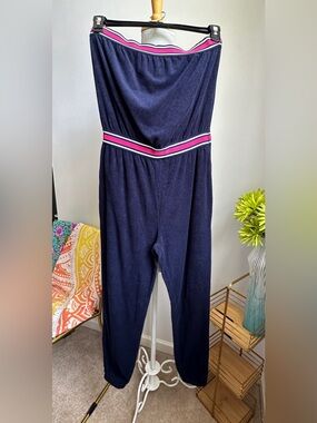 Vintage Terry Cloth Romper Strapless Navy Jumpsuit with Pink Trim